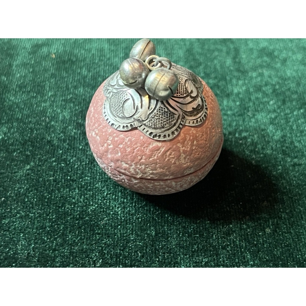 Handcrafted Mango Wood Thailand Round Trinket Box With Silver Metal And Bells - Picture 1 of 5